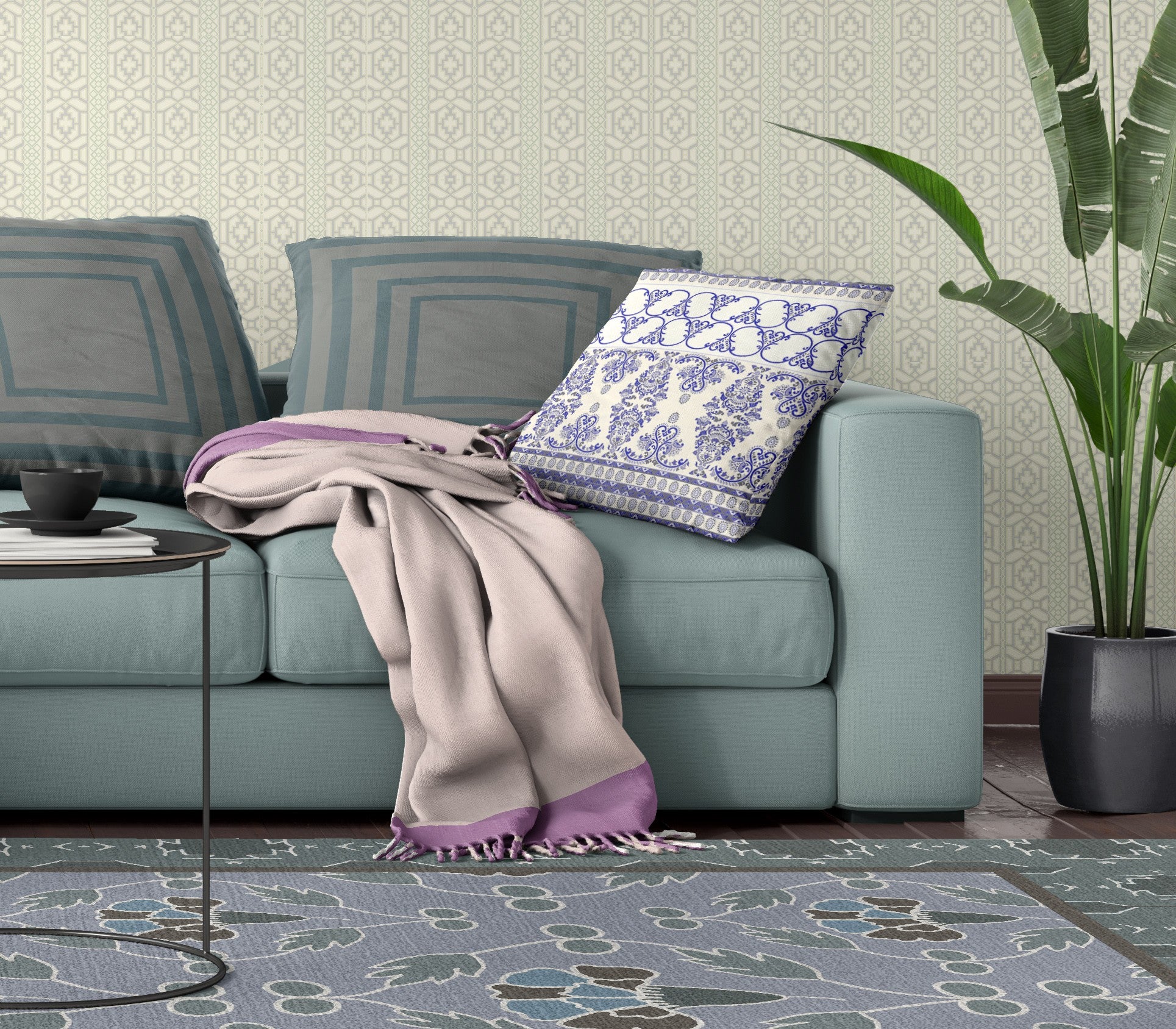 16" X 16" White And Blue Stencil Blown Seam Suede Throw Pillow