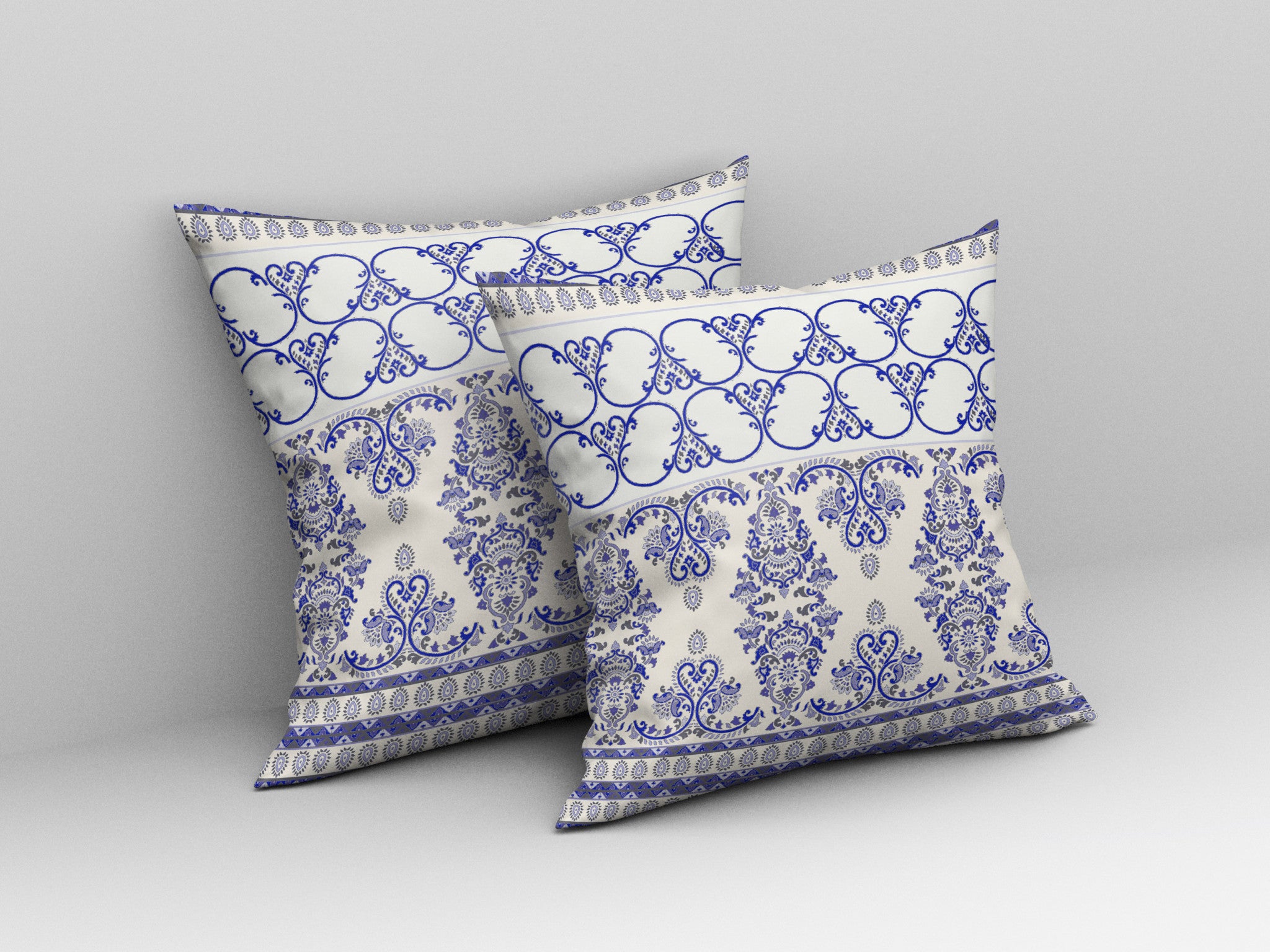 16" X 16" White And Blue Stencil Blown Seam Suede Throw Pillow