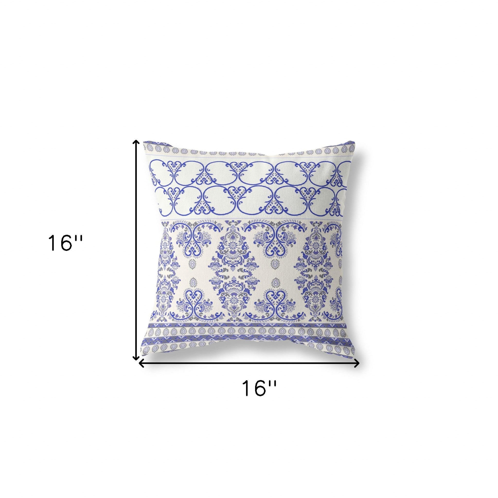 16" X 16" White And Blue Stencil Blown Seam Suede Throw Pillow
