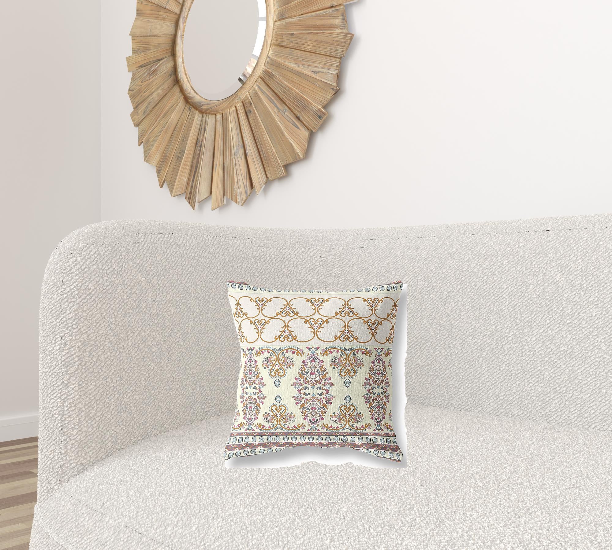 16" X 16" Off White And Orange Stencil Blown Seam Suede Throw Pillow