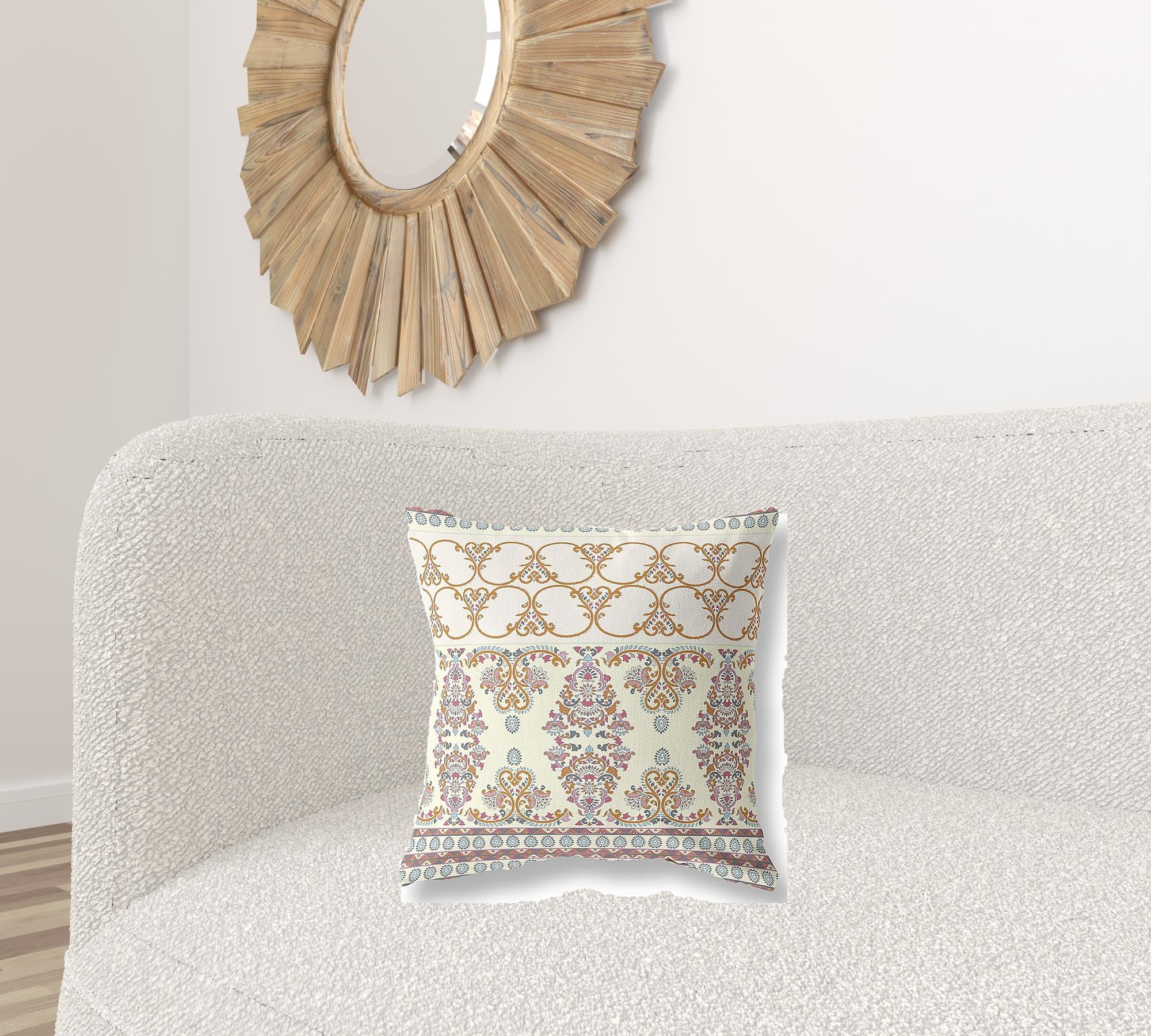 18 英寸 X 18 英寸米白色和橙色模板吹製接縫絨面革抱枕