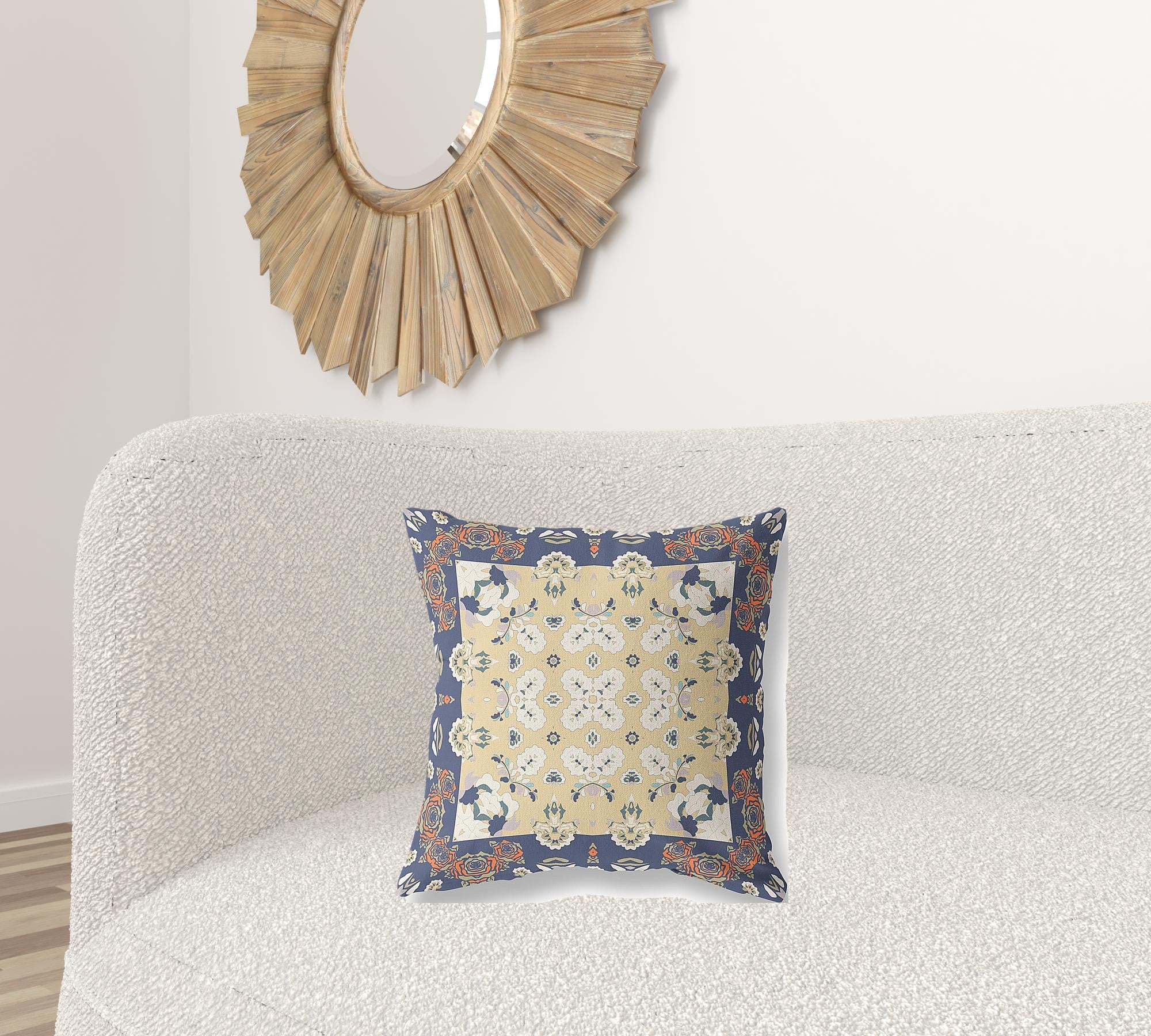 18" X 18" Blue Yellow Floral Blown Seam Suede Throw Pillow