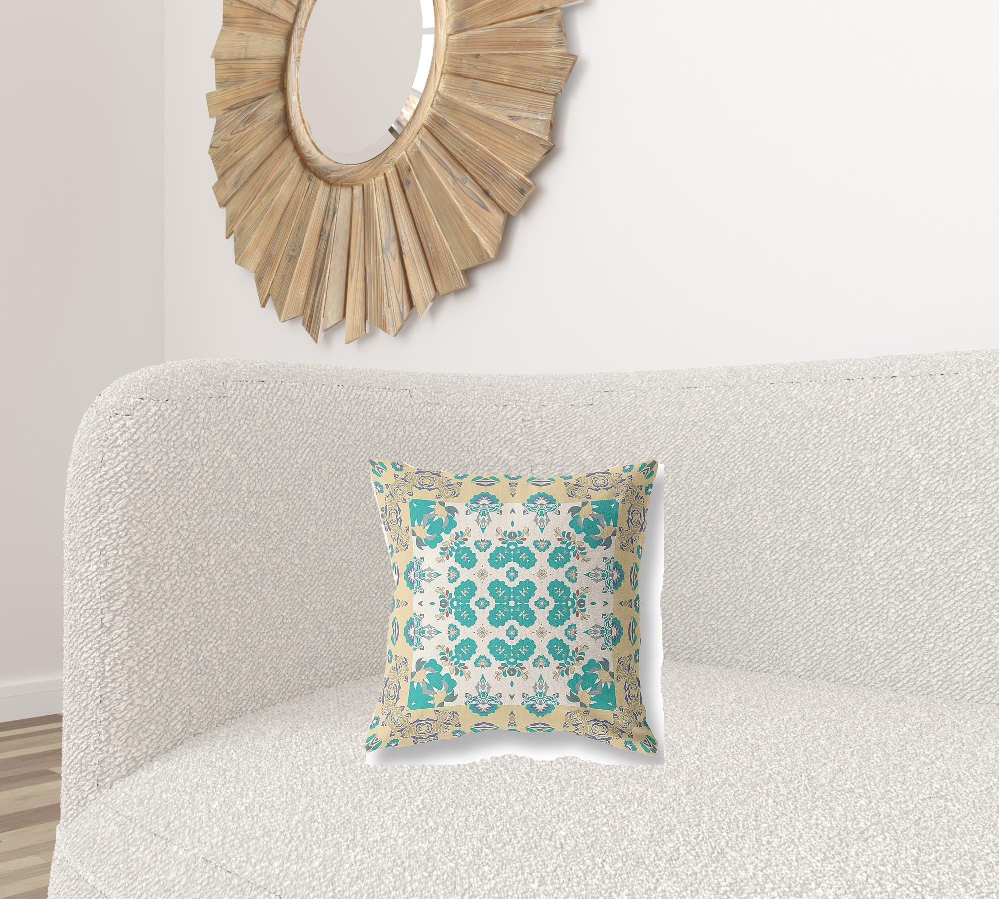 16" X 16" Yellow And White Floral Blown Seam Suede Throw Pillow