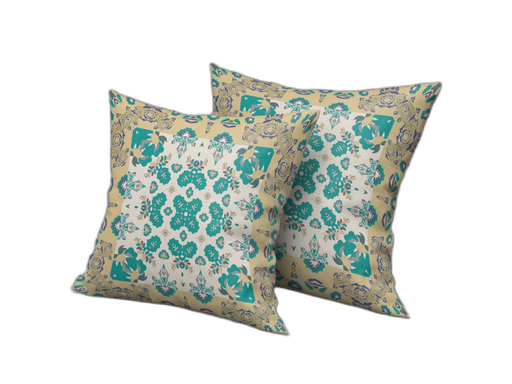 16" X 16" Yellow And White Floral Blown Seam Suede Throw Pillow