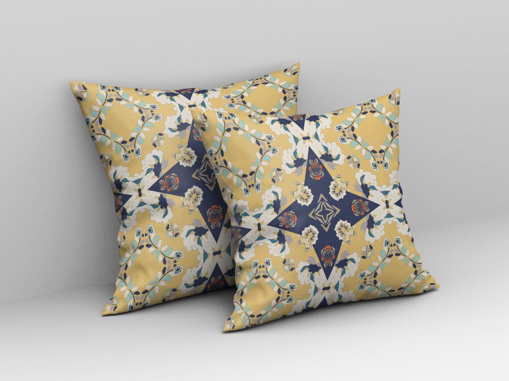 16" X 16" Yellow And Blue Floral Blown Seam Suede Throw Pillow