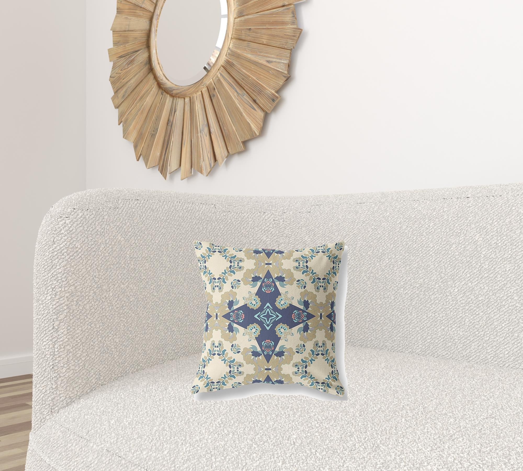 16" X 16" Cream And Blue Floral Blown Seam Suede Throw Pillow