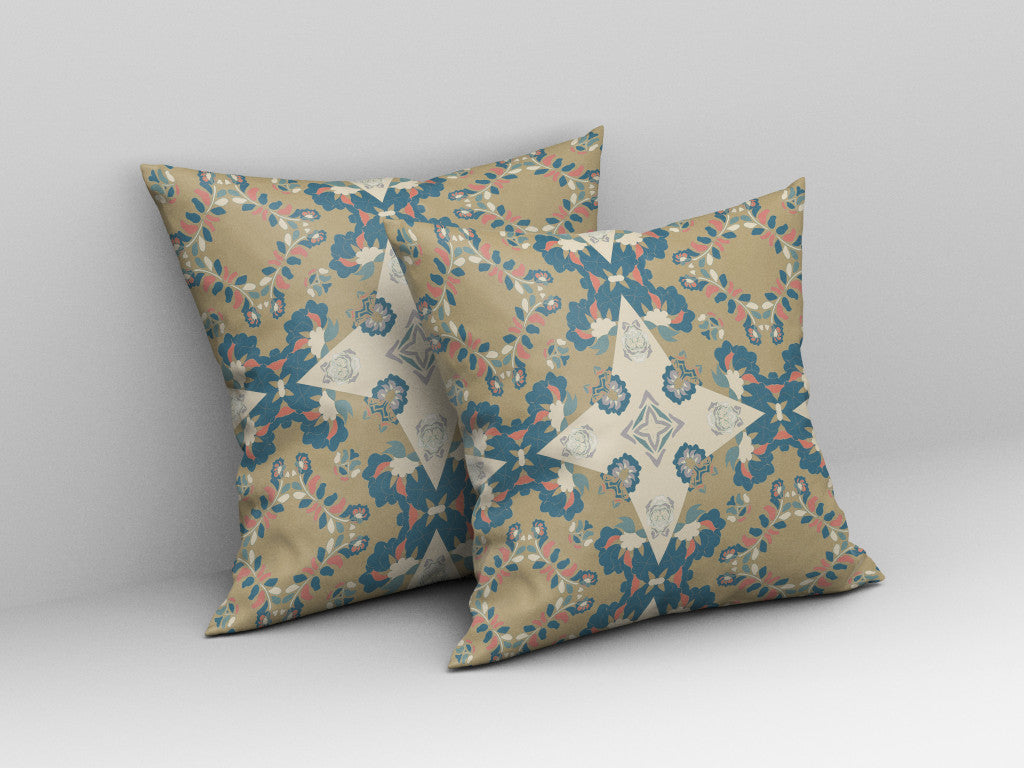 16" X 16" Muted Yellow And Teal Floral Blown Seam Suede Throw Pillow