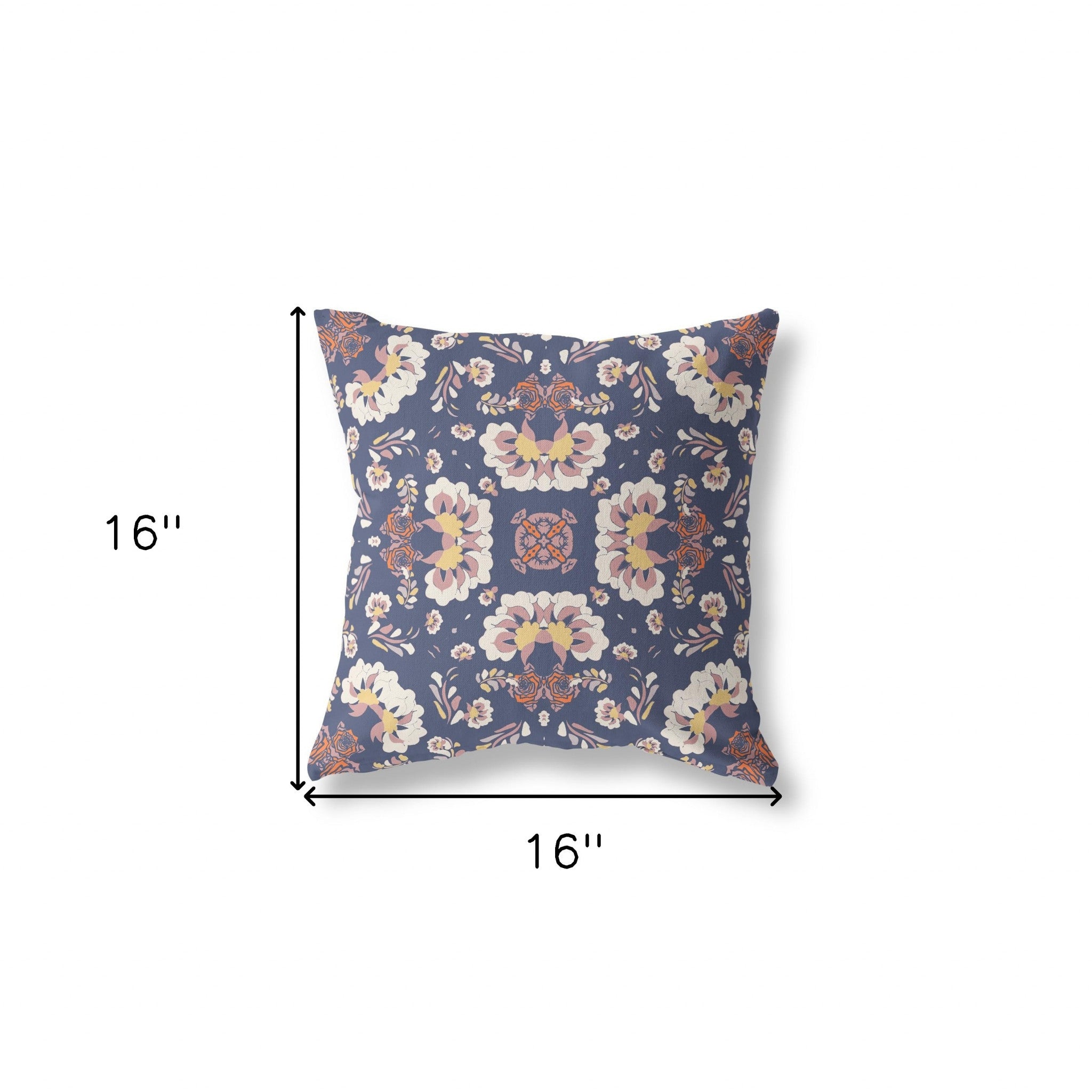 16" X 16" Blue And White Floral Blown Seam Suede Throw Pillow