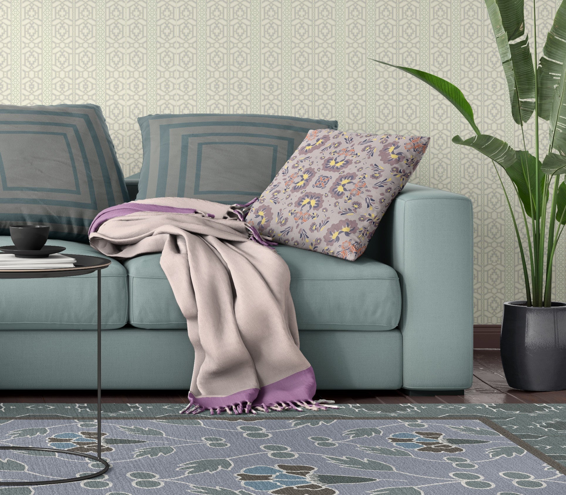 16" X 16" Muted Purple And Yellow Floral Blown Seam Suede Throw Pillow