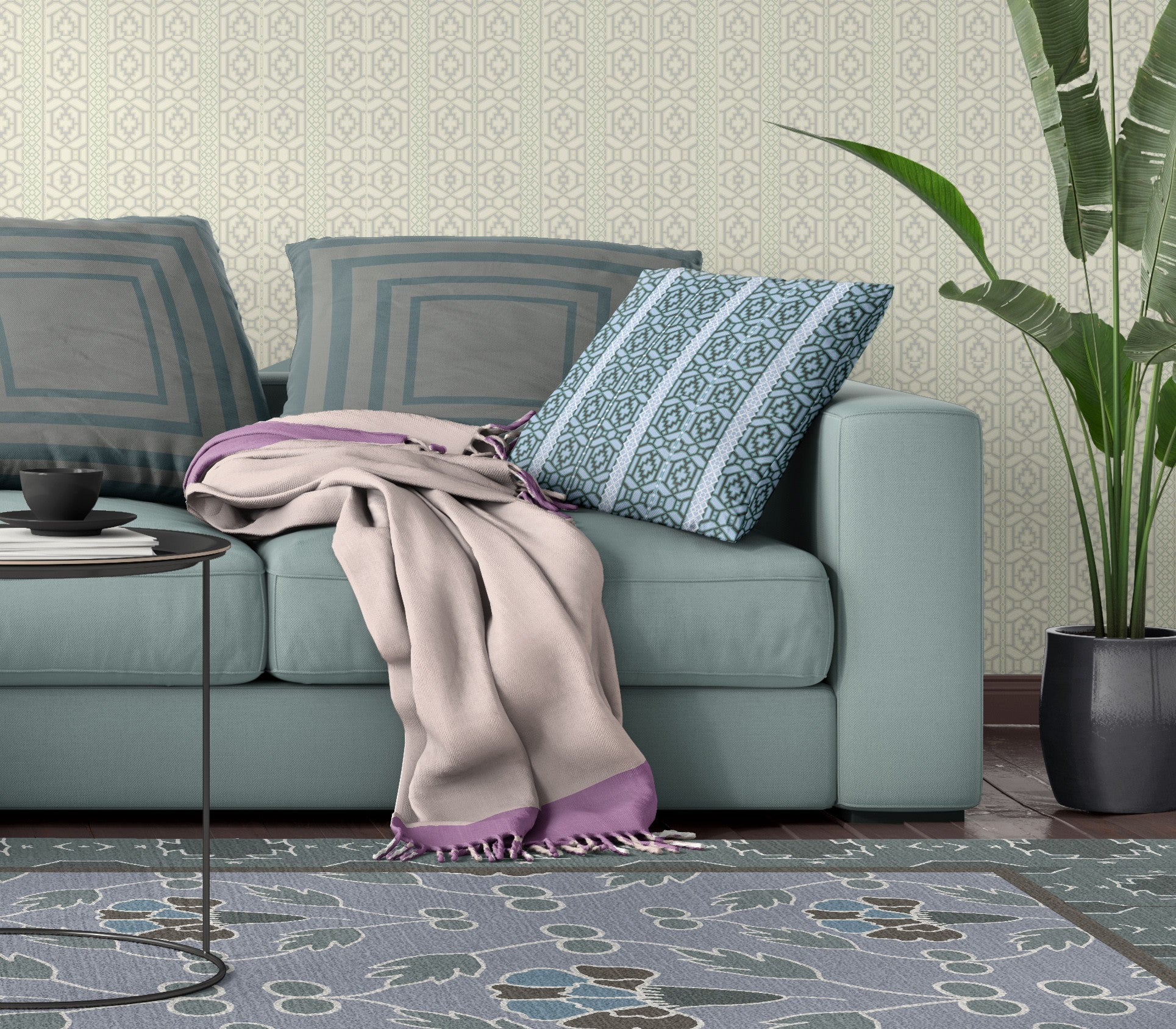 16 英寸 X 16 英寸藍色和棕色幾何吹縫絨面革抱枕