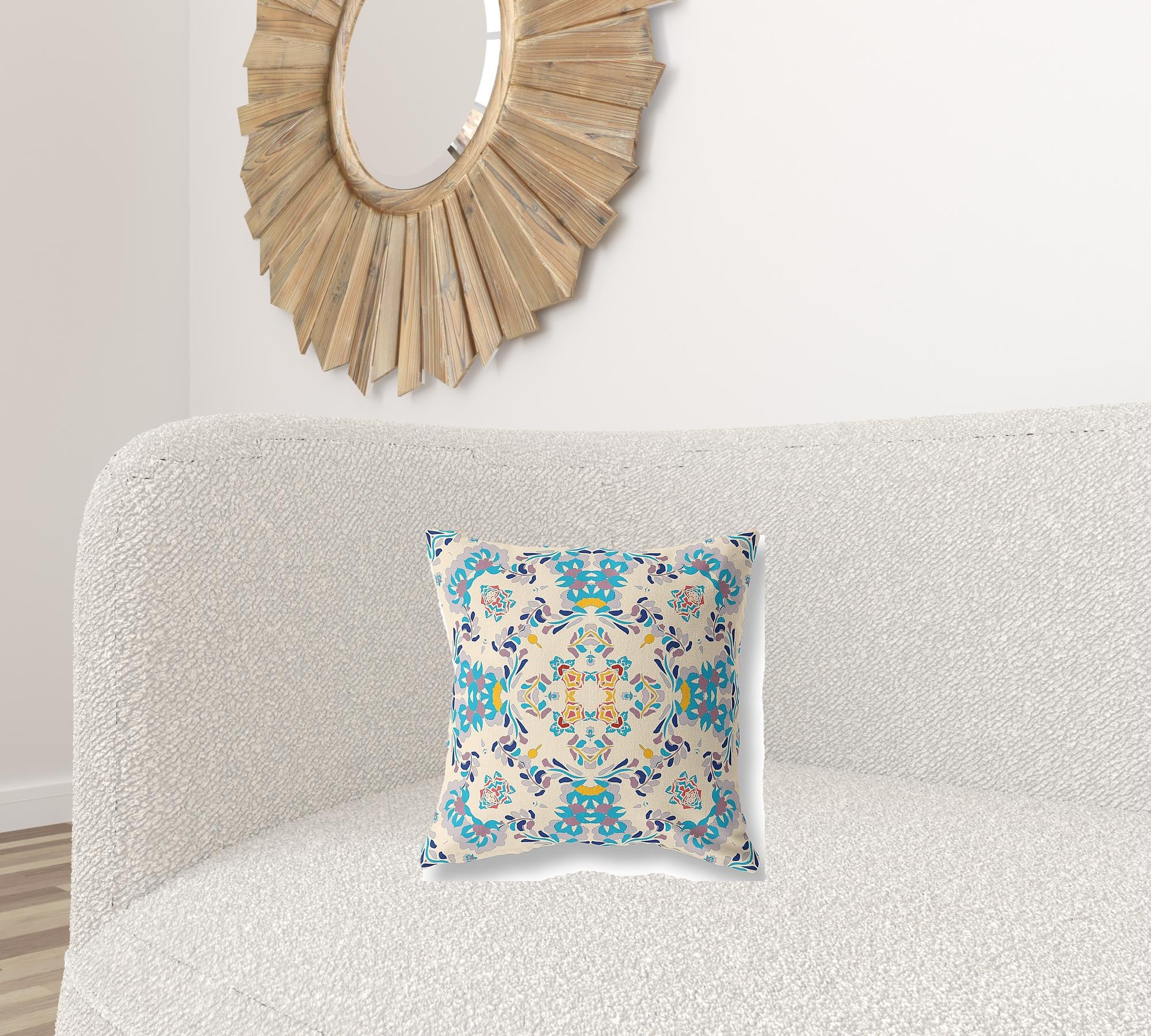 16" X 16" Off White And Blue Abstract Blown Seam Suede Throw Pillow