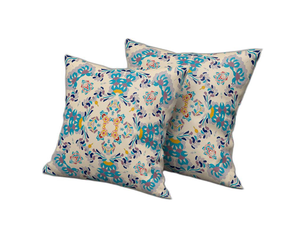 16" X 16" Off White And Blue Abstract Blown Seam Suede Throw Pillow