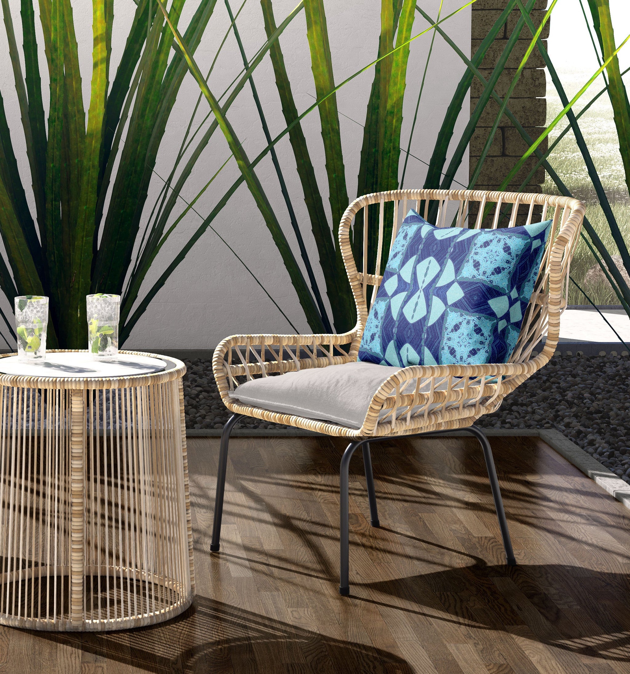 16" X 16" Blue Zippered Geometric Indoor Outdoor Throw Pillow