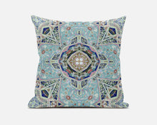 Aqua Blue Floral Geo Zippered Suede Throw Pillow 16”