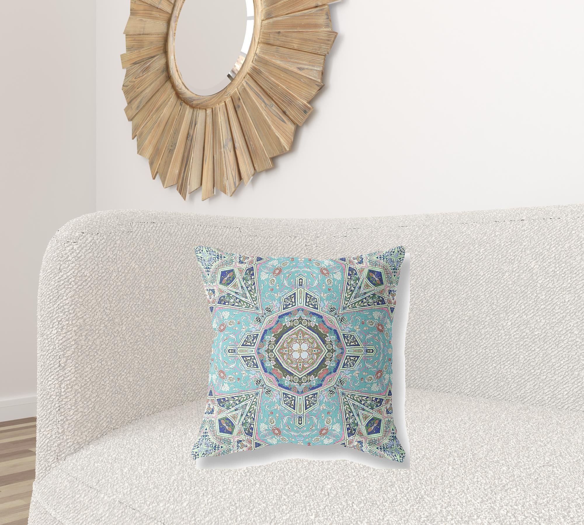 18” Aqua Blue Floral Geo Zippered Suede Throw Pillow