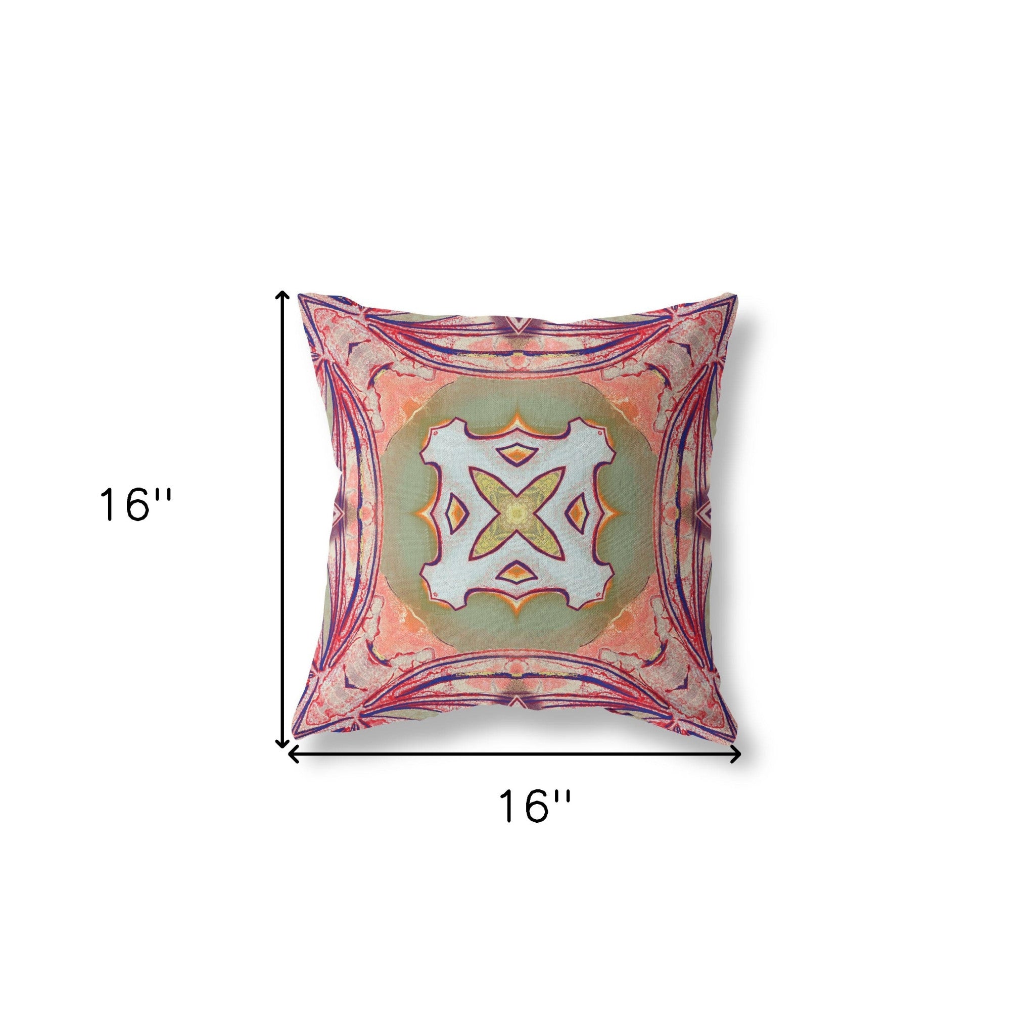 16" X 16" Peach And Green Zippered Geometric Indoor Outdoor Throw Pillow