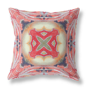 16" X 16" Pink Peach Red Geometric Zippered Suede Throw Pillow