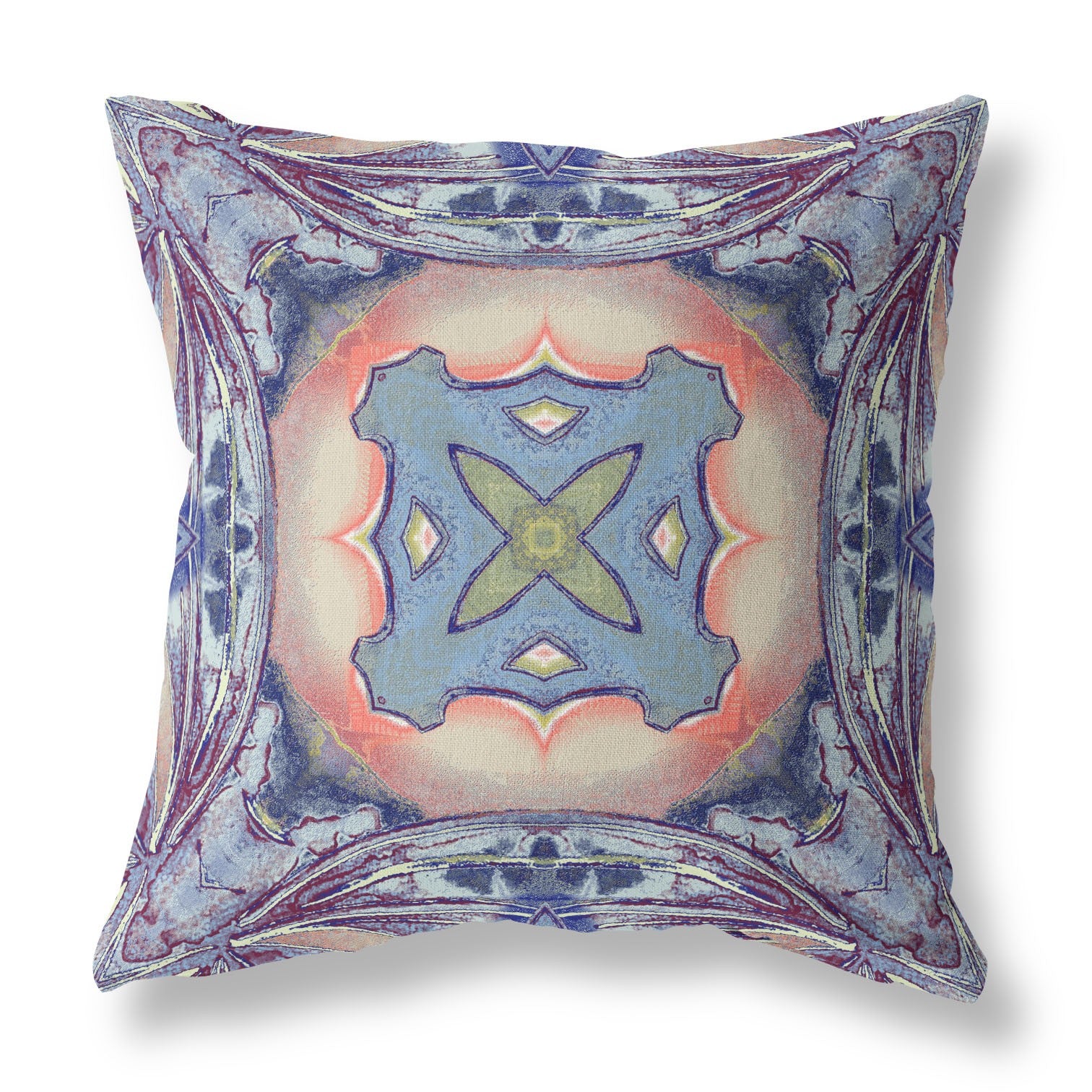 18" X 18" Sky Blue Indigo Muted Peach Geometric Zippered Suede Throw Pillow