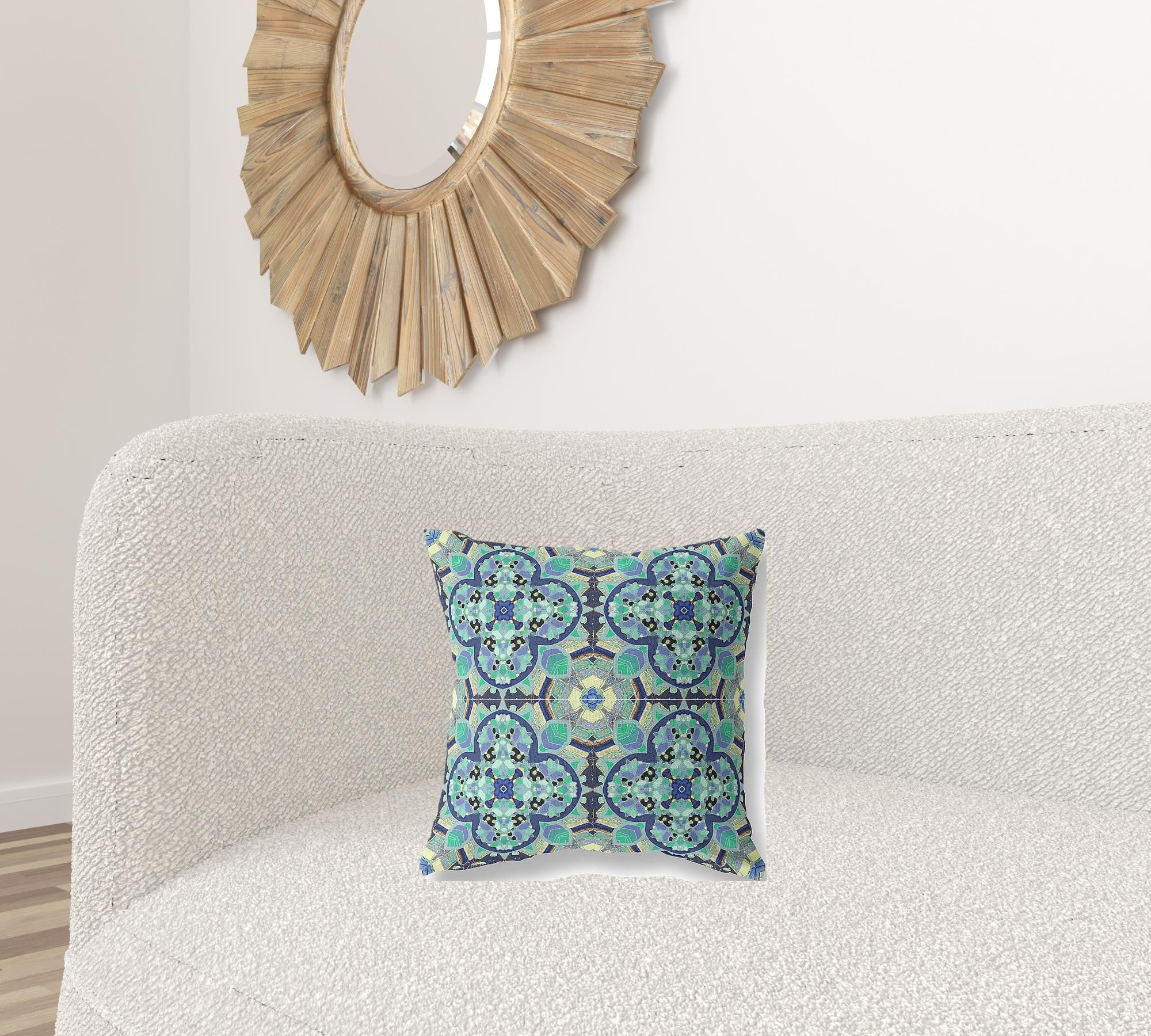16” Aqua Indigo Cloverleaf Boho Zippered Suede Throw Pillow