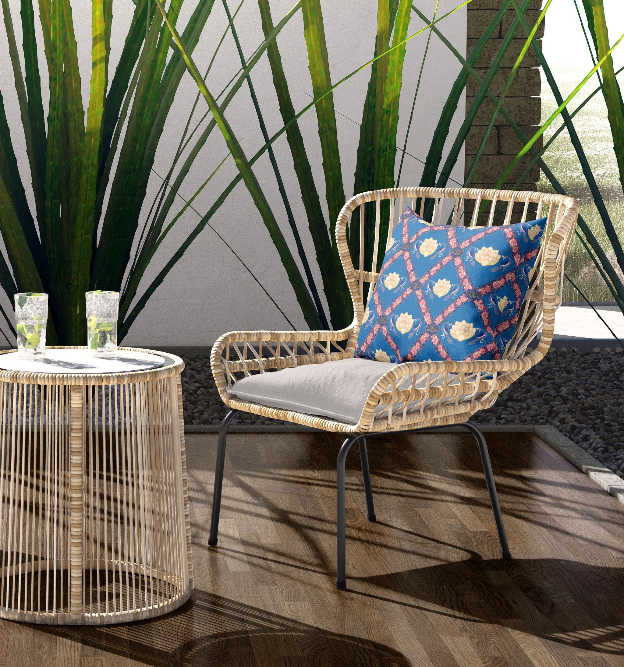 18" X 18" Blue And Pink Blown Seam Geometric Indoor Outdoor Throw Pillow