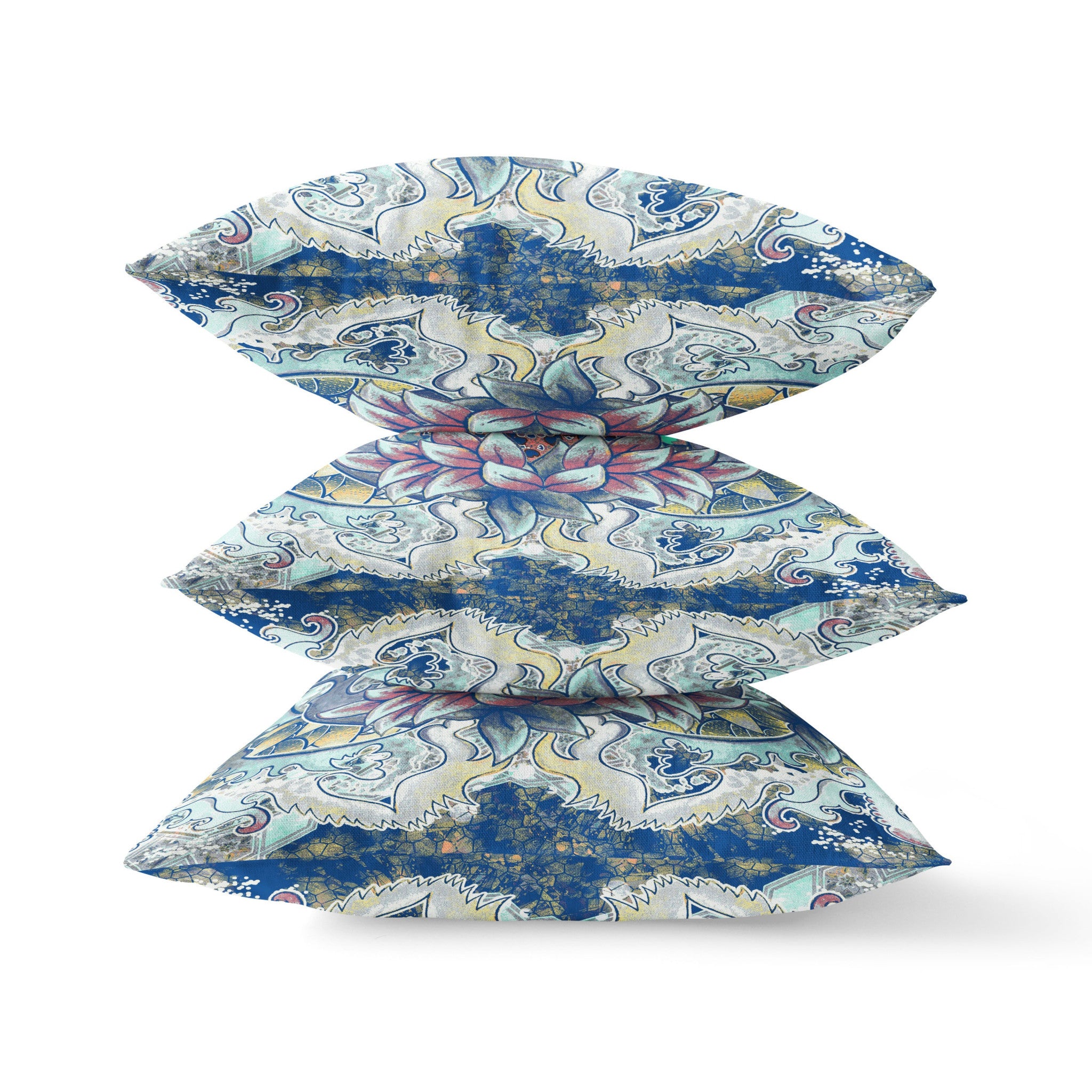 16" X 16" Blue And Yellow Blown Seam Geometric Indoor Outdoor Throw Pillow