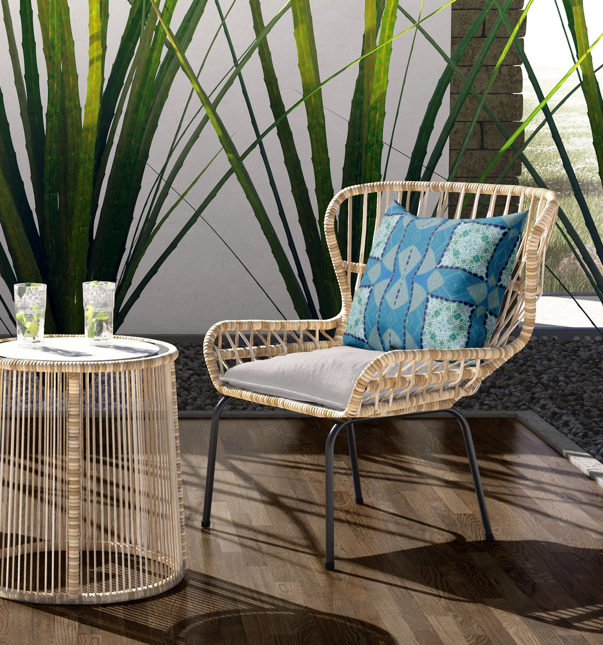 16" X 16" Aqua Blue Blown Seam Geometric Indoor Outdoor Throw Pillow