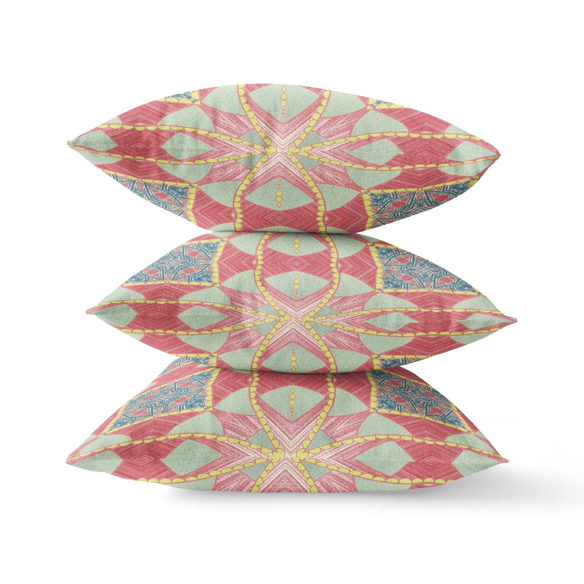 16" X 16" Red And Aqua Blown Seam Geometric Indoor Outdoor Throw Pillow