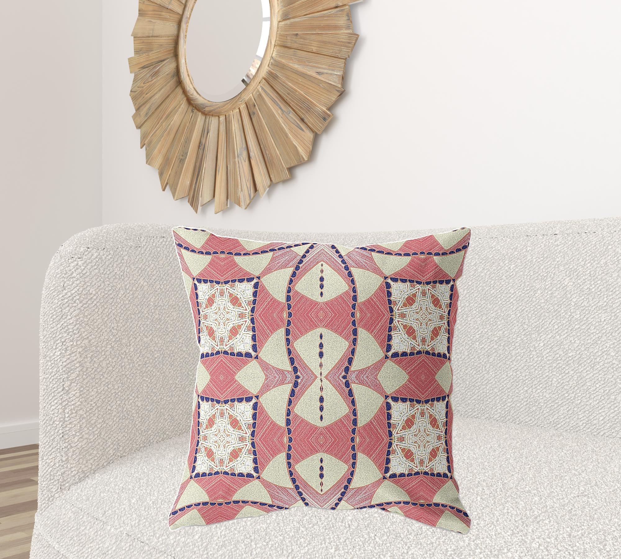 18" X 18" Red And White Blown Seam Geometric Indoor Outdoor Throw Pillow