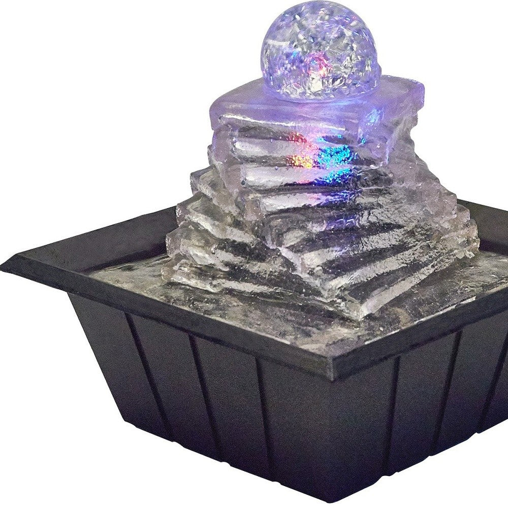 8" Clear Polyresin Ice Design Tabletop Fountain With LED