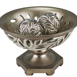 13" Brushed Silver Leaf Polyresin Decorative Pedestal Bowl with Orbs