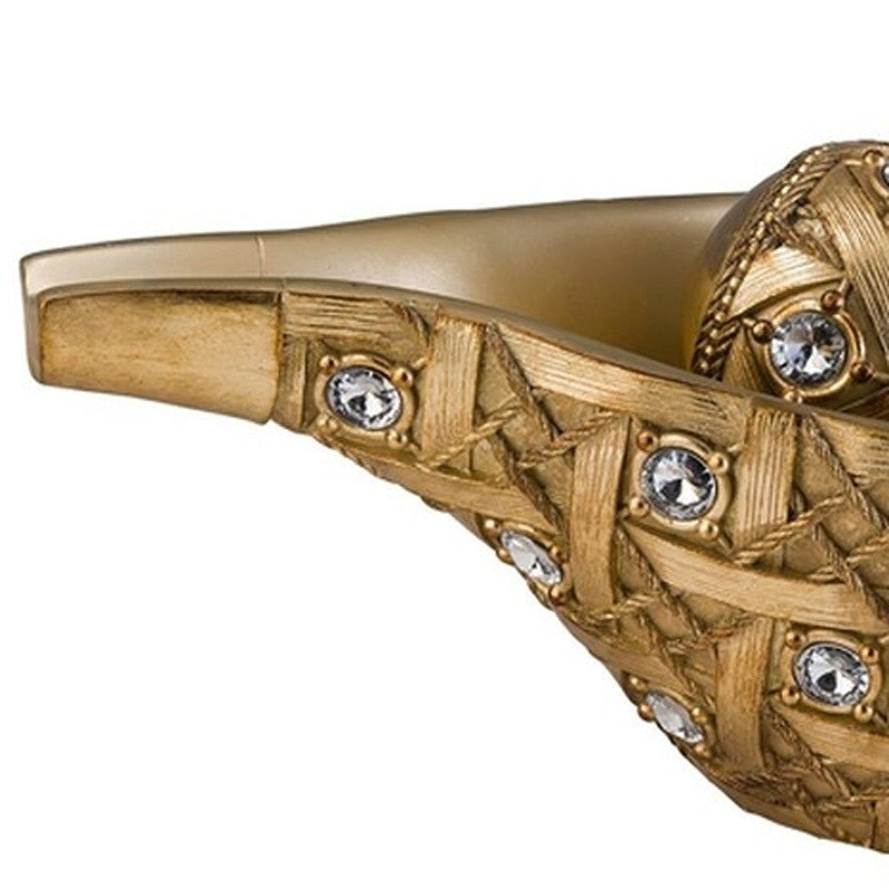 8" Gold and Faux Crystal Woven Polyresin Decorative Bowl With Orbs