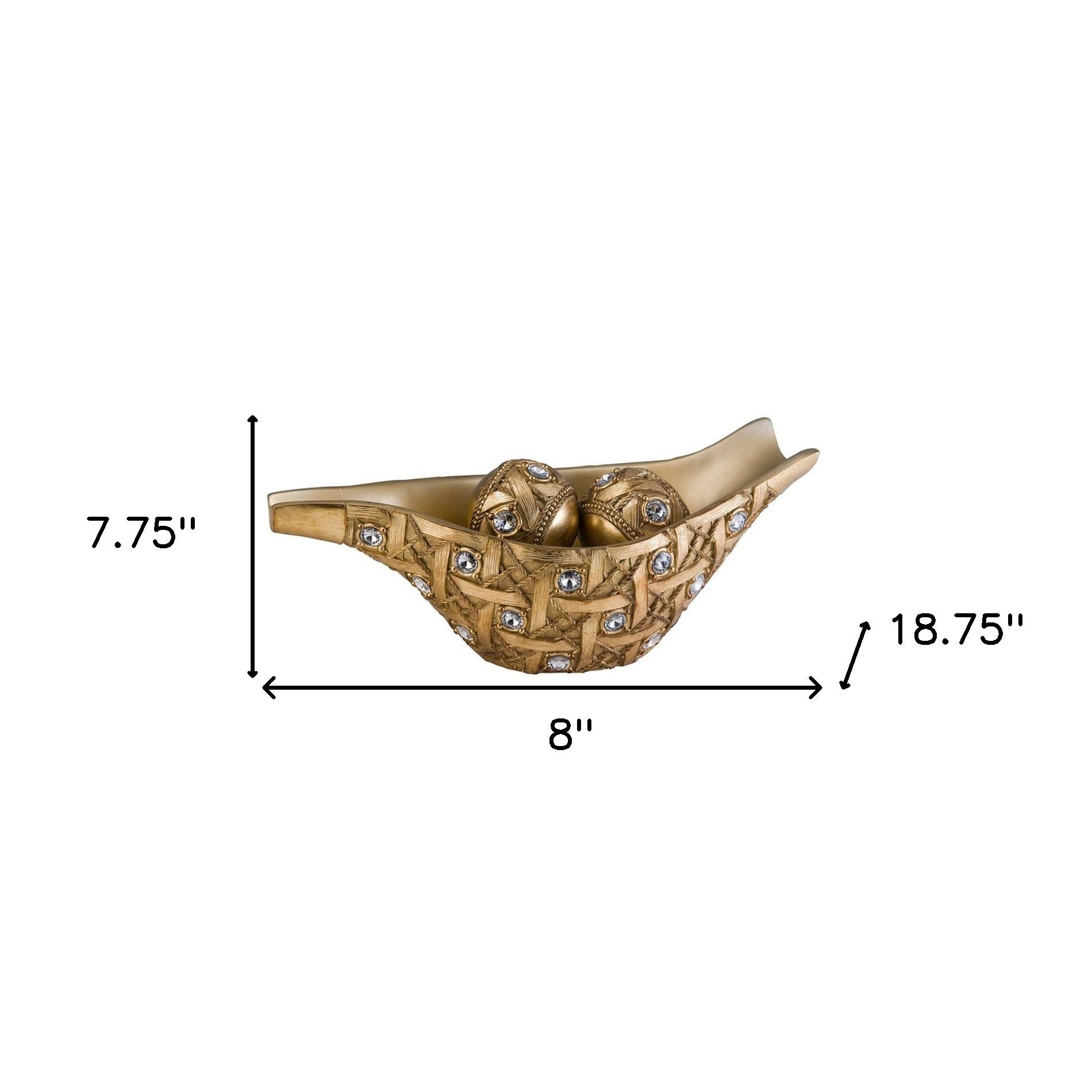 8" Gold and Faux Crystal Woven Polyresin Decorative Bowl With Orbs