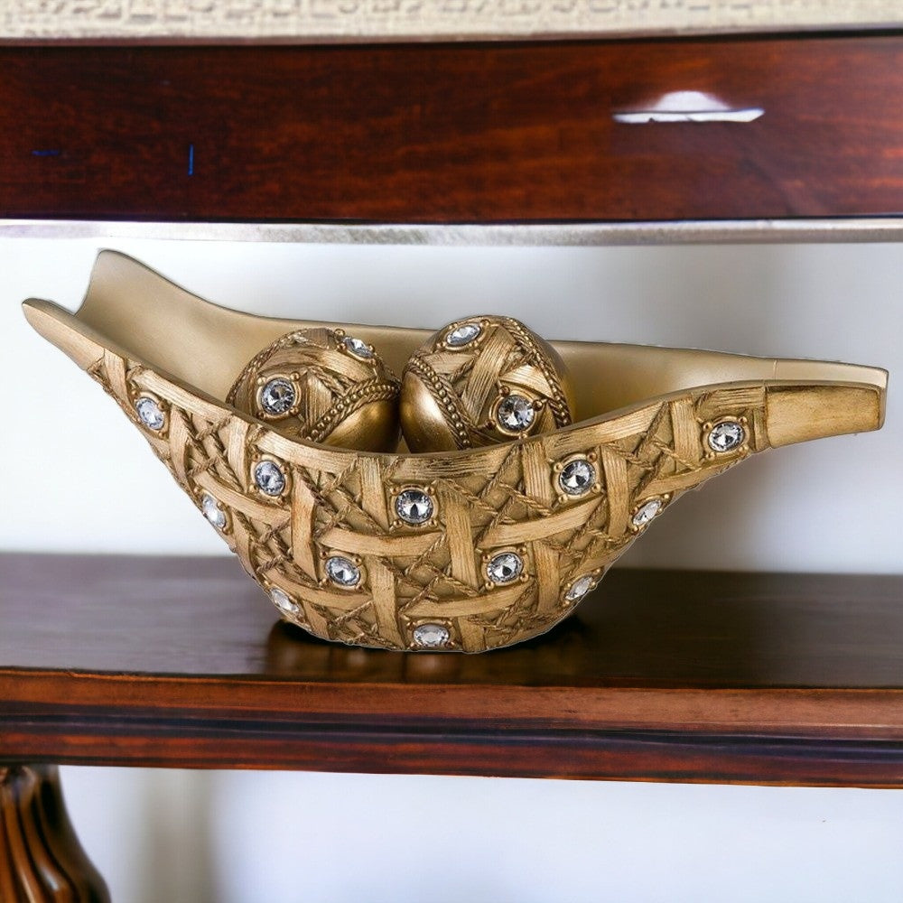 8" Gold and Faux Crystal Woven Polyresin Decorative Bowl With Orbs