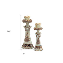 Set of 2 Beige And Brown Vintage Pillar Tabletop Candle Holders