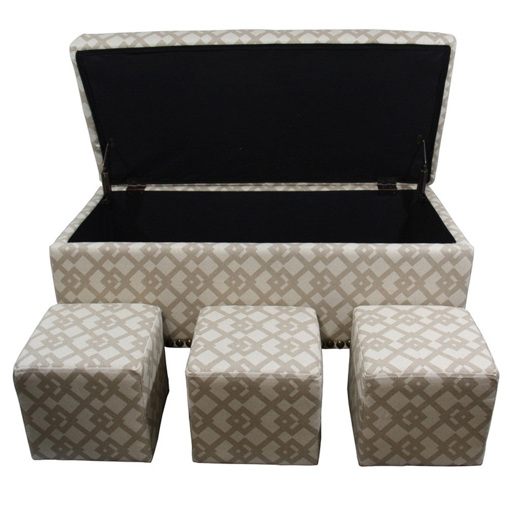 Taupe Geometric Storage Bench with Ottomans Four Piece Set