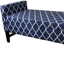 Blue and White Quatrefoil Dark Wood Storage Bench