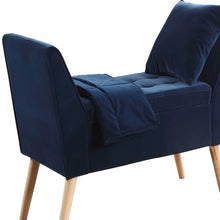 19 英寸木質棕色和藍色軟墊 100% 聚酯纖維入口長凳，帶翻蓋