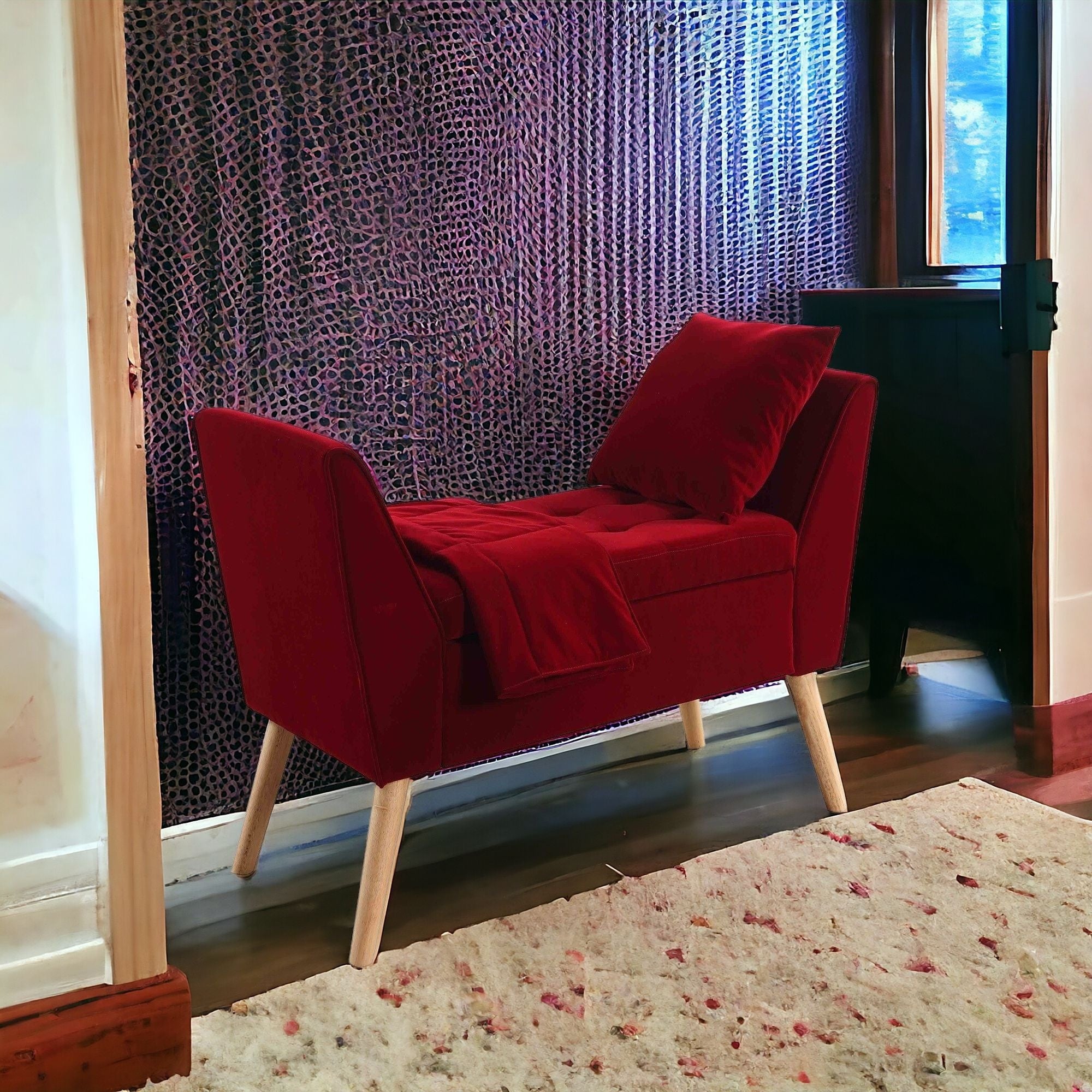 19 英寸木質棕色和紅色軟墊 100% 聚酯纖維入口長凳，帶翻蓋