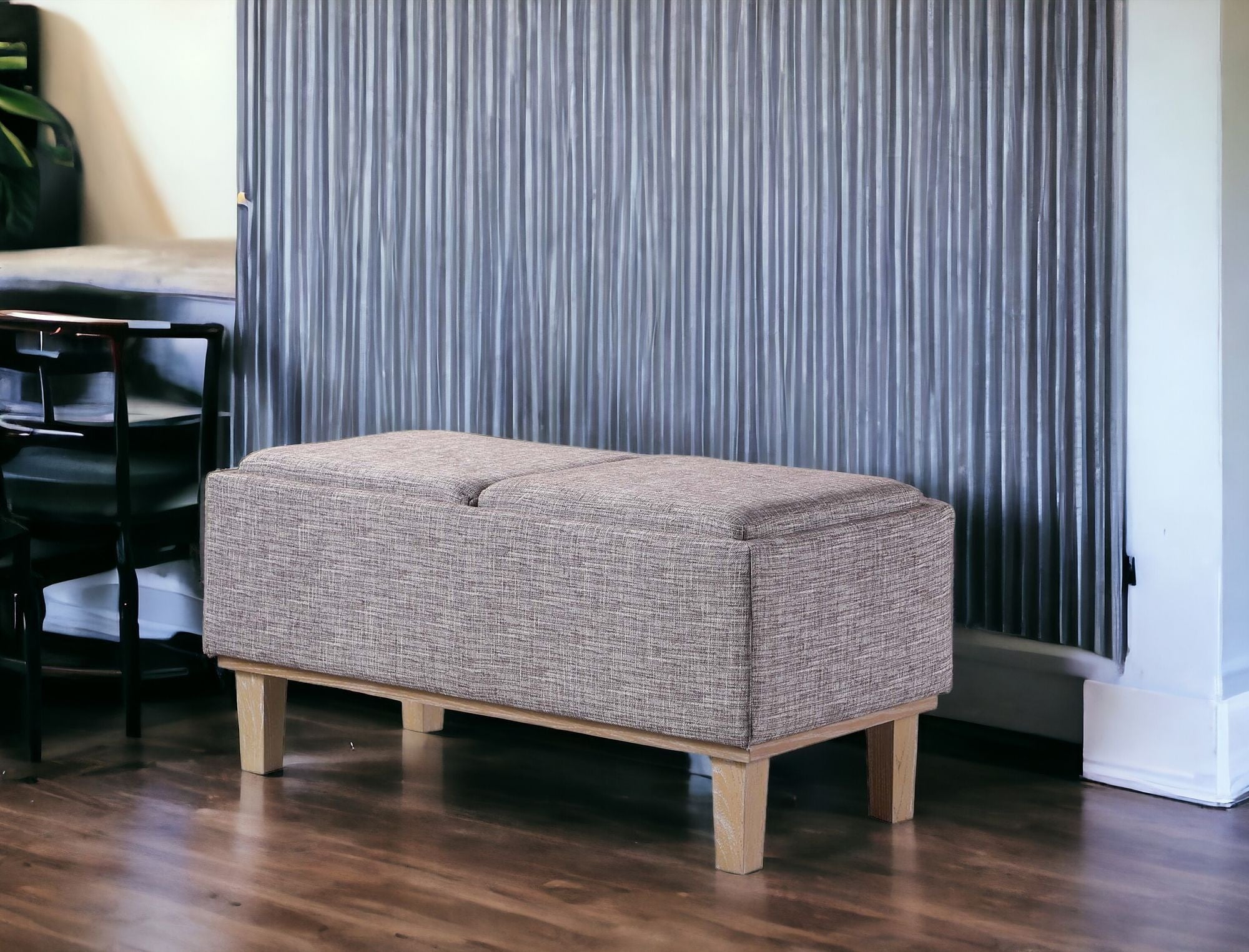 17" Wood Brown And Gray Upholstered 100% Polyester Entryway Bench With Flip Top