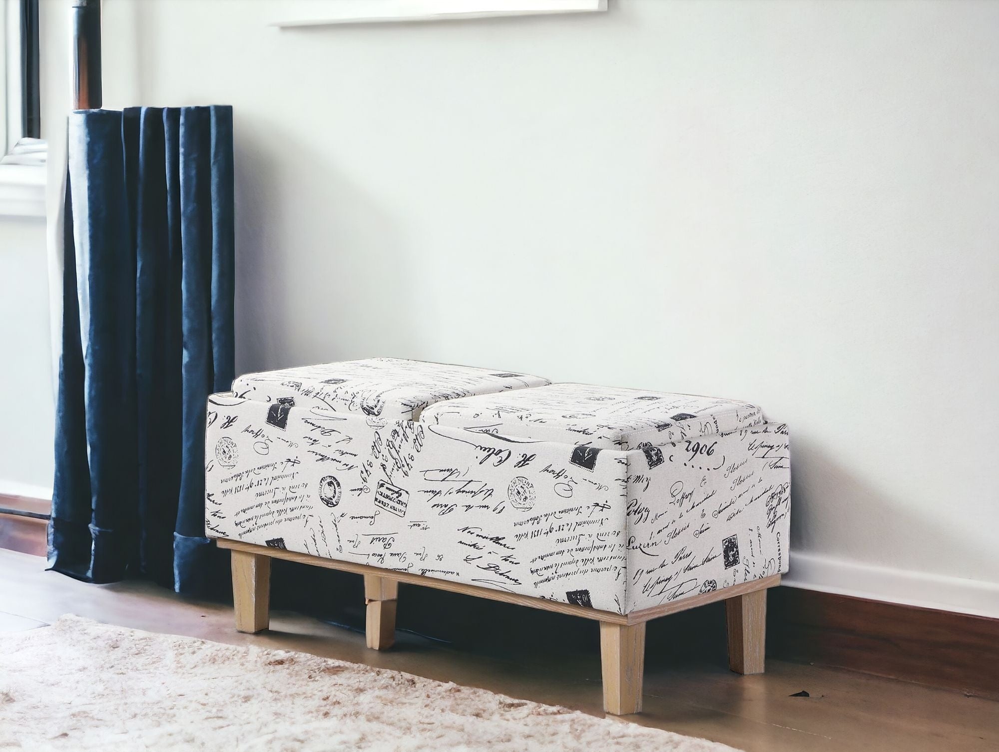 17" Wood Brown And Beige Upholstered 100% Polyester Entryway Bench With Flip Top