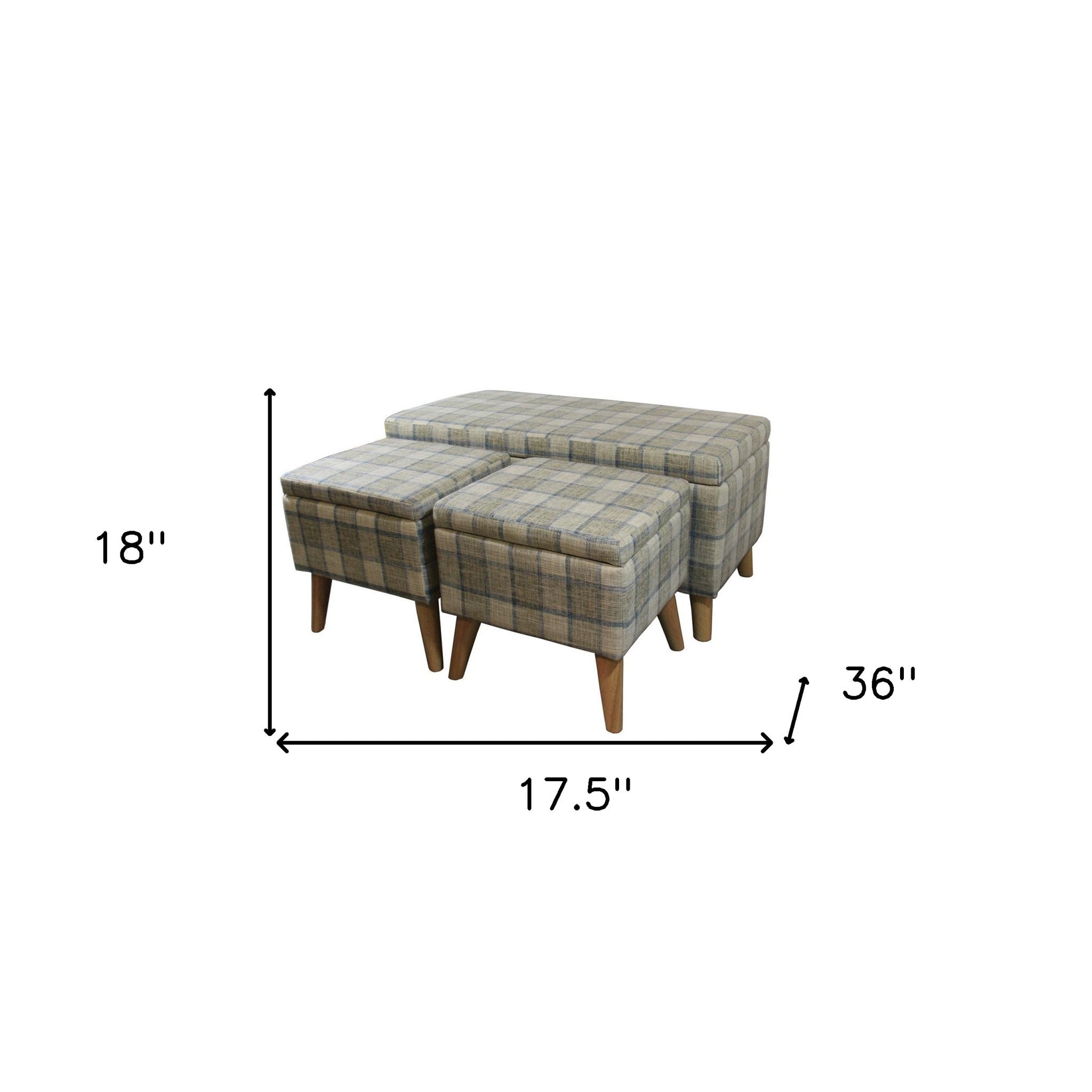 Taupe and Blue Plaid Storage Bench and Ottoman Three Piece Set