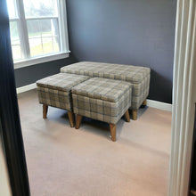 Taupe and Blue Plaid Storage Bench and Ottoman Three Piece Set