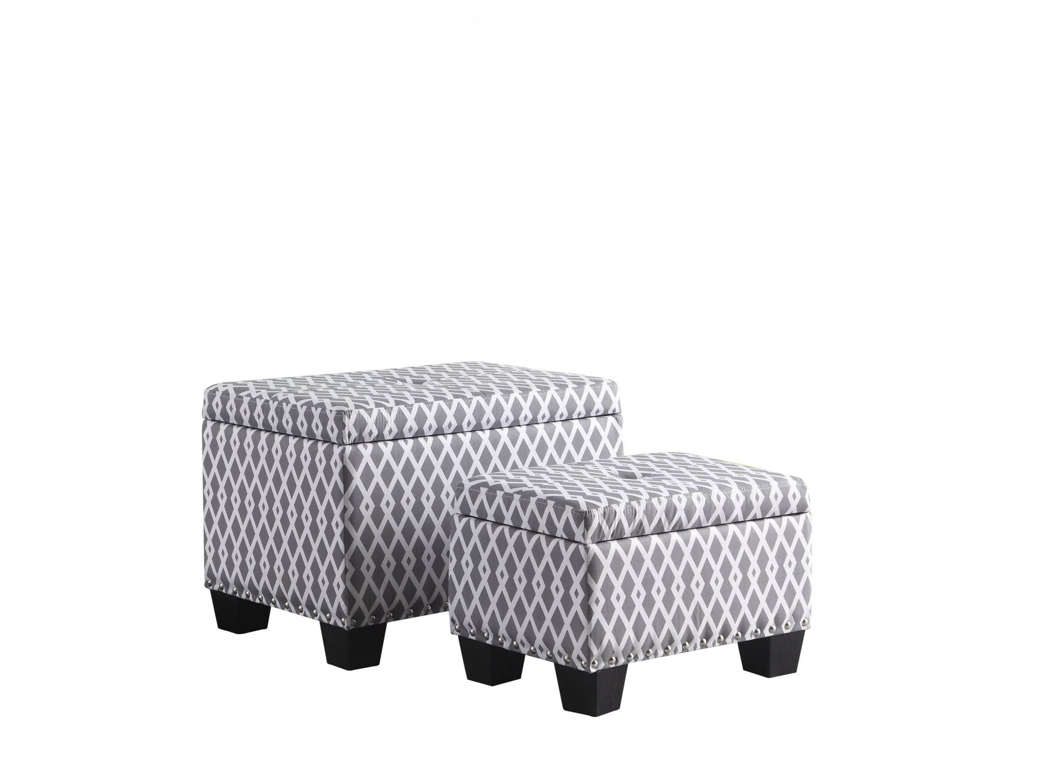 17" Gray And White Polyester Blend And Black Tufted Storage Ottoman