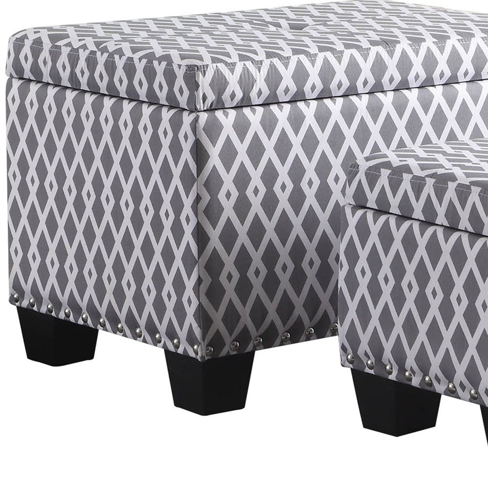 17" Gray And White Polyester Blend And Black Tufted Storage Ottoman