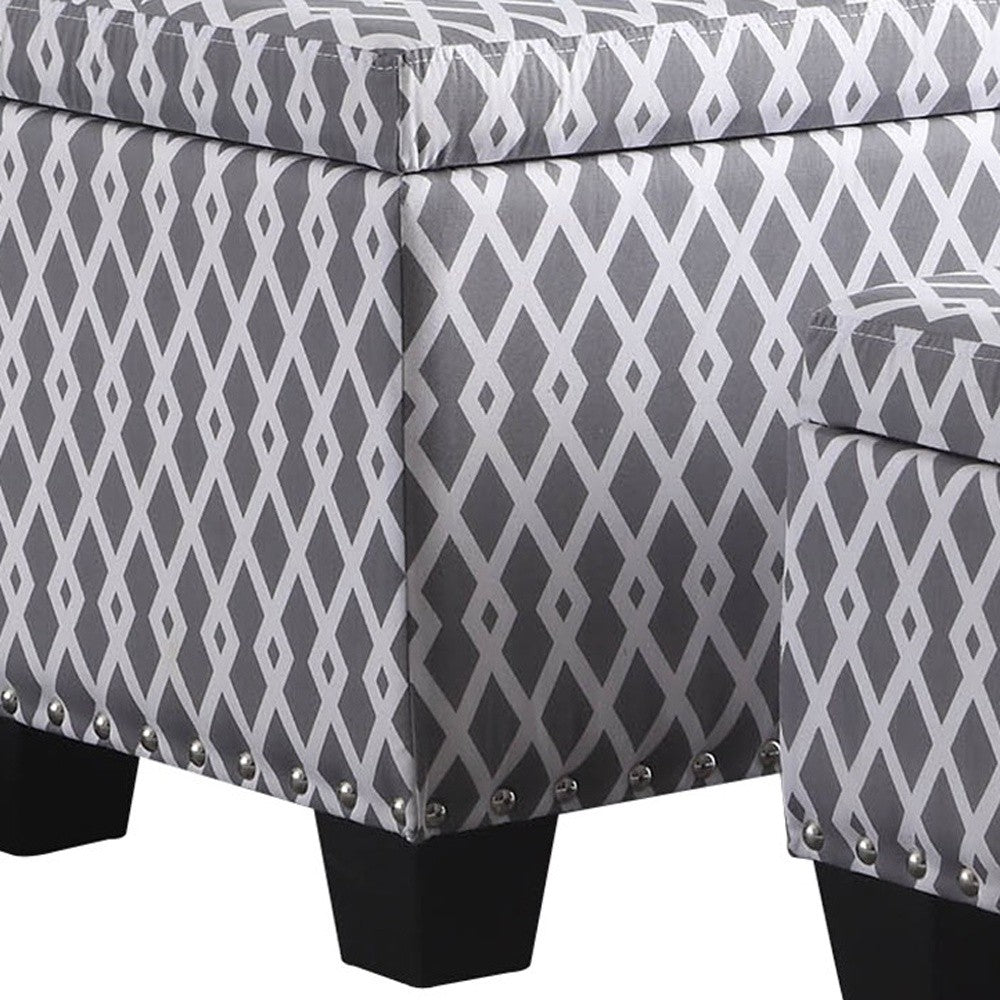 17" Gray And White Polyester Blend And Black Tufted Storage Ottoman