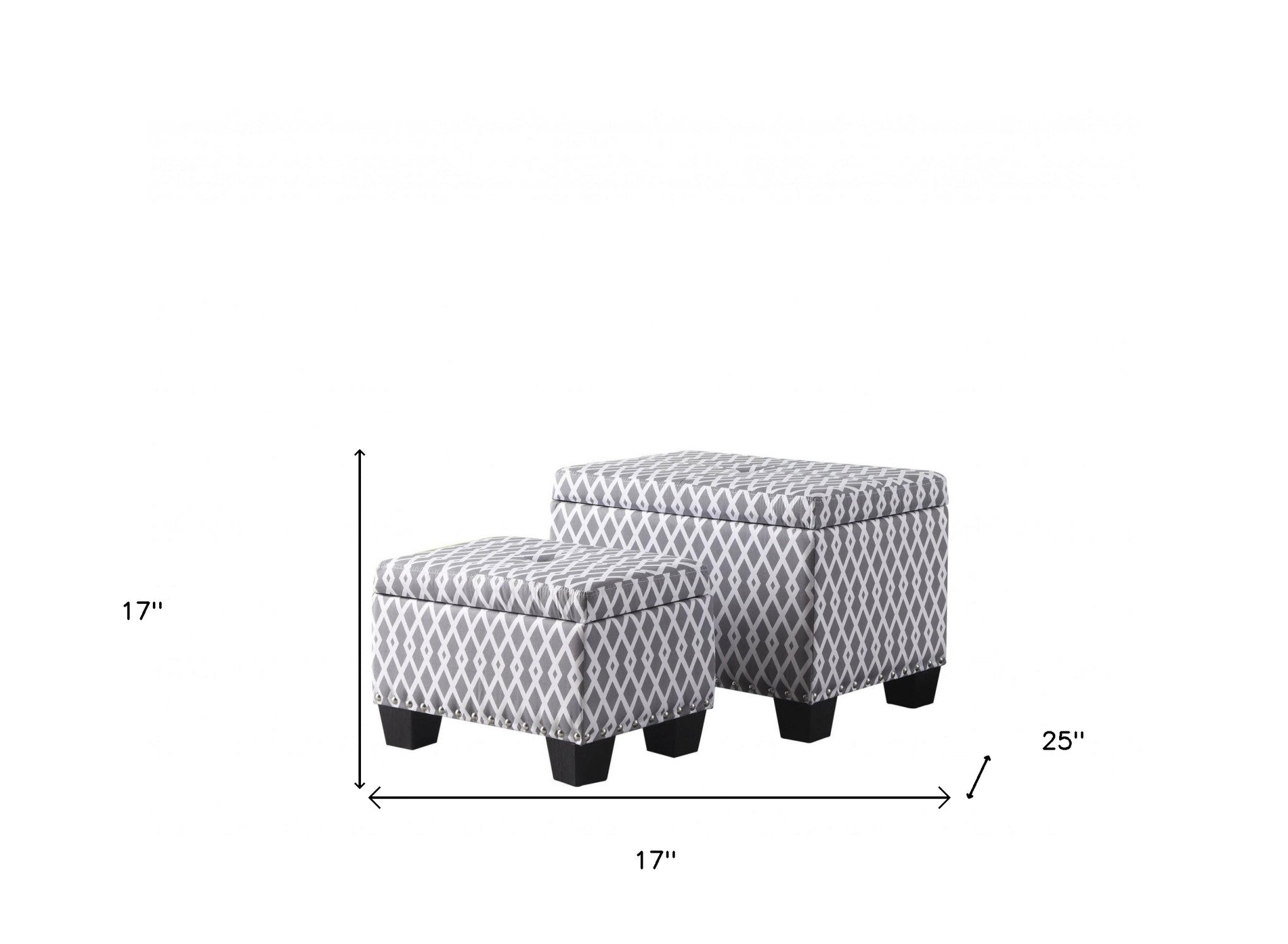 17" Gray And White Polyester Blend And Black Tufted Storage Ottoman