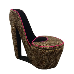 Glam Faux Cheetah and Pink Faux Suede High Heel Shoe Shaped Storage Chair