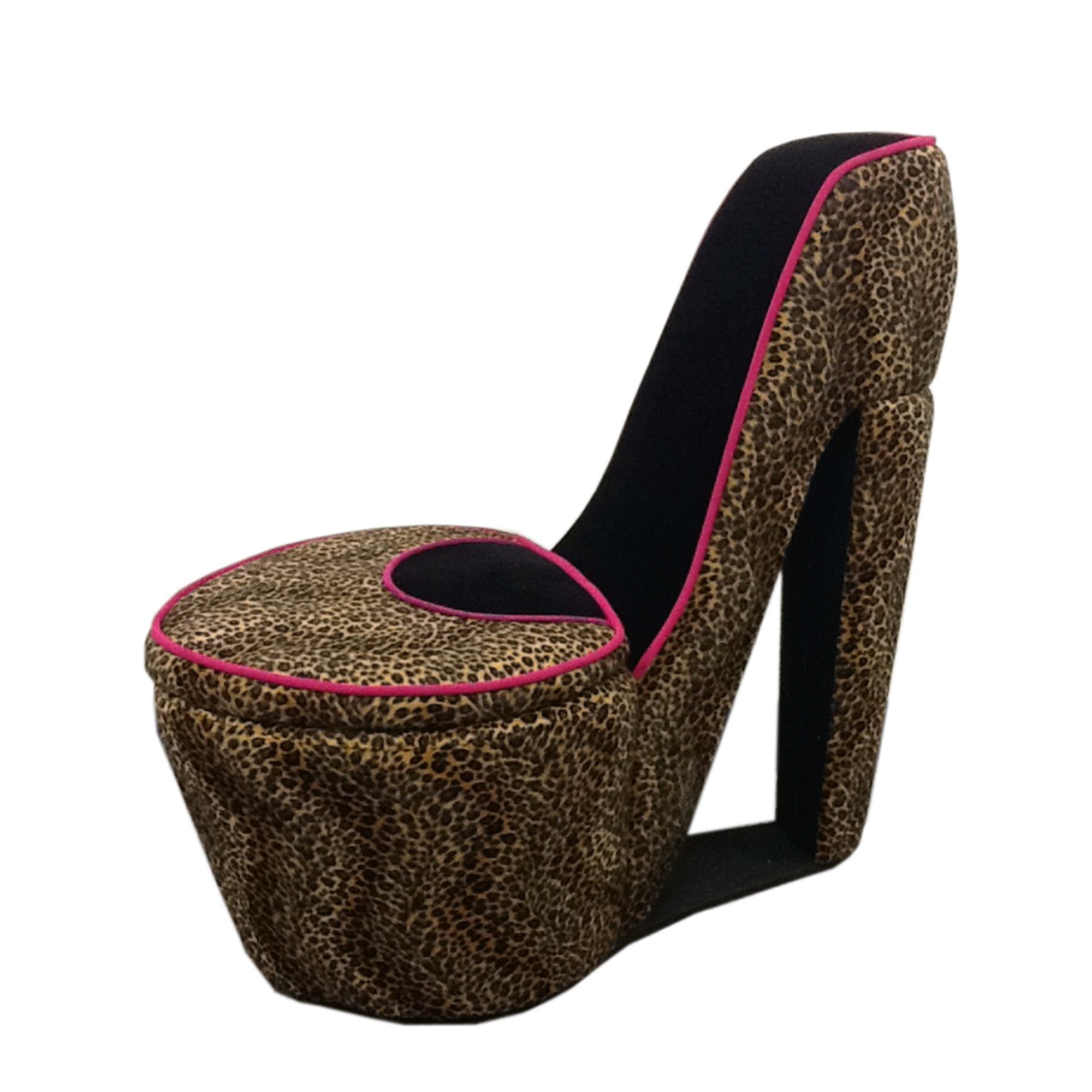 Glam Faux Cheetah and Pink Faux Suede High Heel Shoe Shaped Storage Chair
