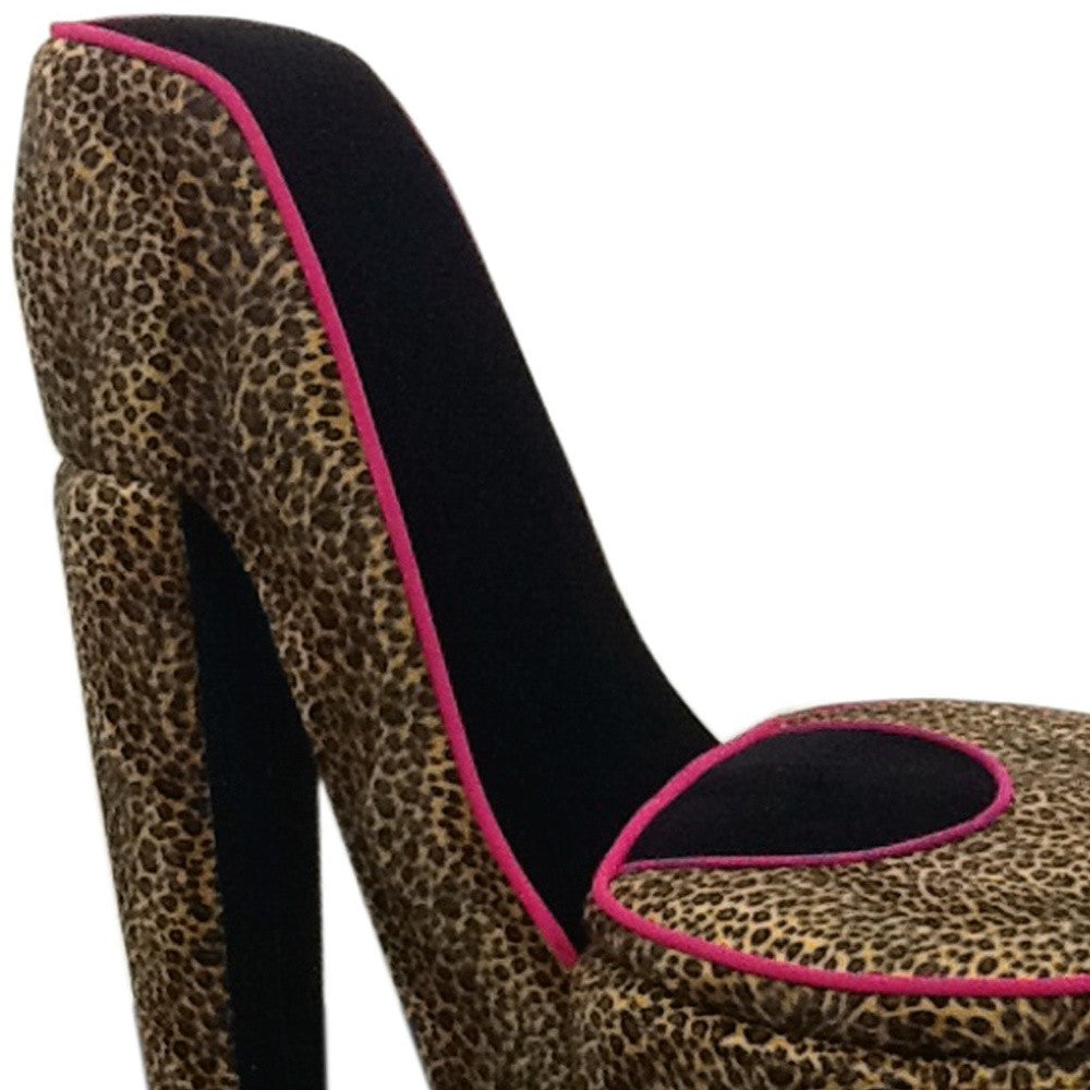 Glam Faux Cheetah and Pink Faux Suede High Heel Shoe Shaped Storage Chair