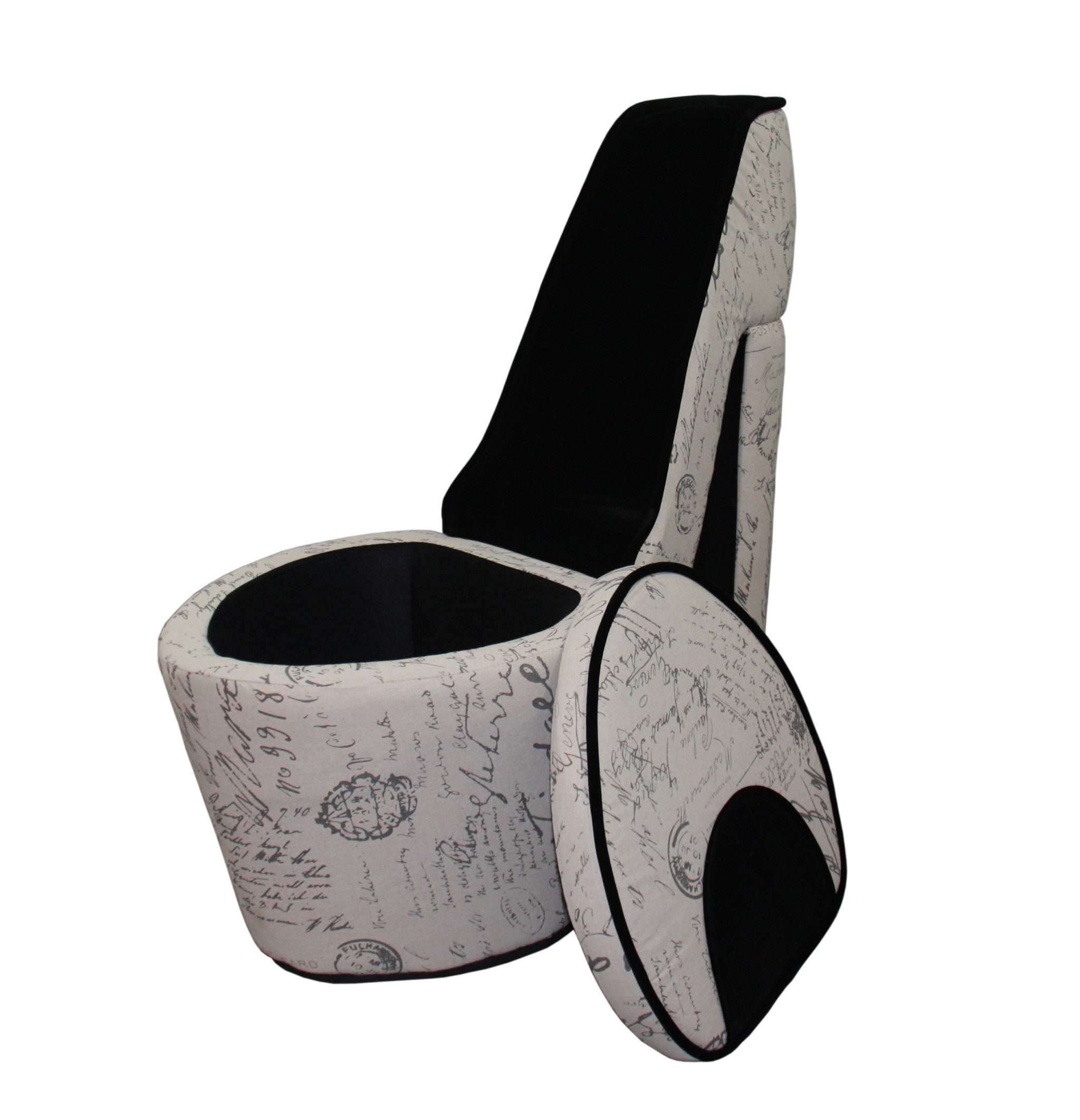 Glam Black and White French Postcard High Heel Shoe Shaped Storage Chair
